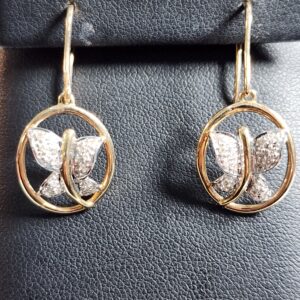 10KT Yellow Gold Diamond Pave Set Fish Hook Butterfly Earrings