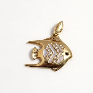 14K Yellow Gold Fish Pendant Accented with Mother of Pearl and Dimaonds