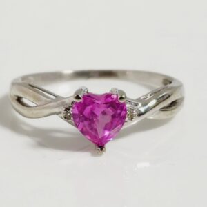10K White Gold Pink Sapphire Heart accented with 2 Diamonds Ring Size 8