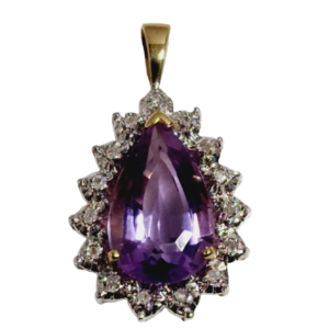 14K Yellow Gold Pear Shaped Amethyst Accented with Diamonds Pendant