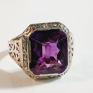 10KT White Gold Radiant Cut Amethyst Cocktail Ring Size 10.5