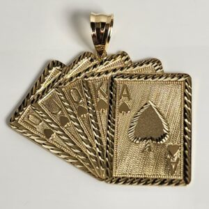10KT Yellow Gold Large Royal Straight Flush Card Hand Pendant