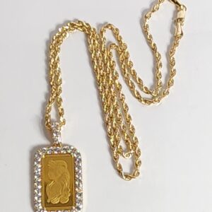 22″ 14KT Rope Chain With 14KT and 24KT Diamond Gold Bar Pendant Necklace