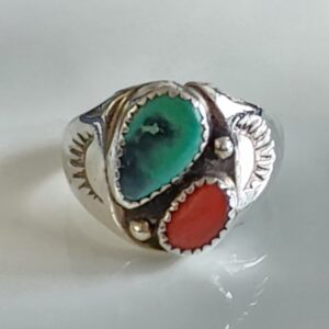 Sterling Silver Native Turquoise and Coral Ring Size 12