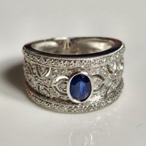 14KT White Gold Sapphire with Diamond Accents Size 6