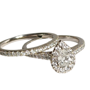 10KT White Gold Pear Shaped Diamond w/ Halo Wedding Set With Band Size 7