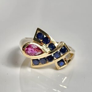 10KT Yellow Gold Sapphires and Garnet Art Deco Ring Size 6