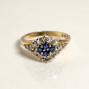14KT Yellow Gold Diamond Sapphire Cluster Ring Size 6