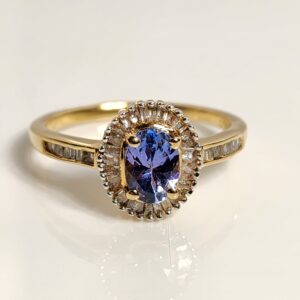 Sterling Silver Gold Tone Oval Tanzanite with Diamond Halo Size 8