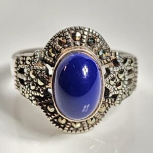 Sterling Silver with Sapphire Cabochon accented with Marcasite Size 6.5