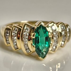14KT Yellow Gold Marquise Emerald Diamond Ring Size 5