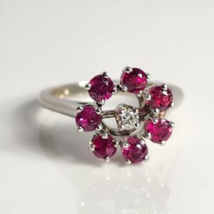 14KT White Gold Ruby Diamond Flower Shaped Ring Size 5.5