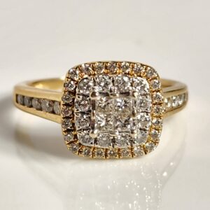 14KT Yellow Gold Princess Cut Diamonds Accented with Double Halo of Diamonds Size 7.5