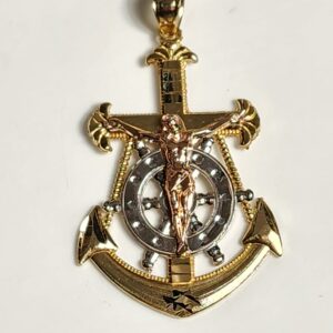 10KT Yellow, White and Rose Gold Anchor with Jesus Pendant