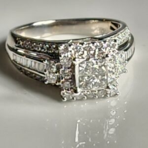 10KT White Gold Princess Cut Diamonds accented with Diamond Halo and Side Stones Engagement Ring Size 6