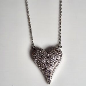 16″ Sterling Silver Necklace with Pave Cubic Zirconia Heart