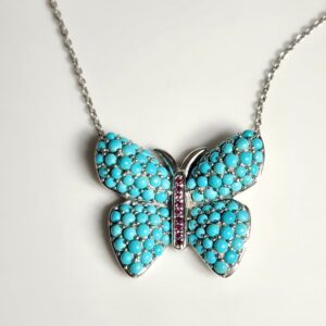 18″ Sterling Silver Butterfly Necklace Accented with Turquoise Cabochons