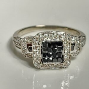 14KT White Gold Black and White Diamond Engagement Ring Size
