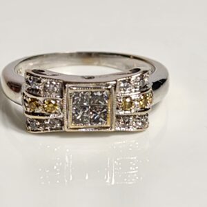 18KT White Gold White & Yellow Diamond Bow Shaped Ring Size 6