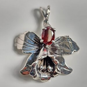 Sterling Silver Orchid Flower with Garnet Pendant