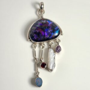Sterling Silver Dichroic Glass Pendant accented with Pearl, Opal, Garnet and Amethyst