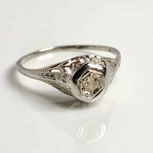 10KT White Gold Vintage Mine Cut Diamond Engagement Ring Size 7