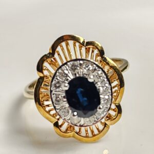 14KT Yellow Gold Sapphire Ring with Diamond Halo Size 7