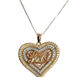 18″ Sterling Silver 3Tone Love Heart Necklace accented with Cubic Zirconia