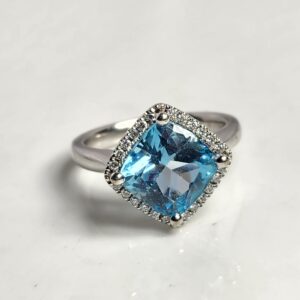 14KT White Gold Cushion Cut Blue Topaz with Diamond Halo Ring Size 6