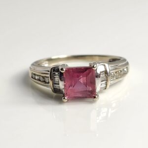 10KT White Gold Princess Cut Pink Tourmaline with Diamond accents Ring Size 6
