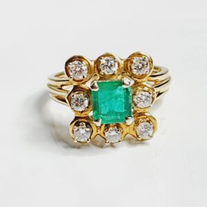 18KT Yellow Gold Emerald with Halo Diamonds Size 6.5