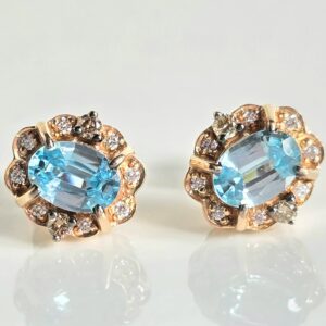 14KT Yellow Gold Oval Blue Topaz with Diamond Halo Stud Earrings