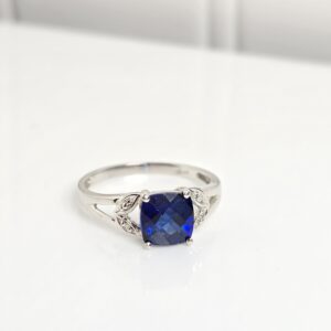 10KT White Gold Cushion Cut Sapphire with accent Diamonds Ring Size 7