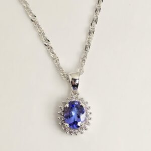 18″ 14KT White Gold Tanzanite with Diamond Halo Necklace