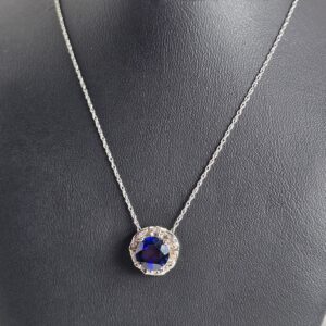 10KT White Gold 18″ Sapphire with Diamond Halo Necklace