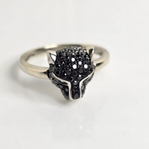 14KT White Gold Black Diamond Panther Cat with Emerald Eyes Ring Size 6