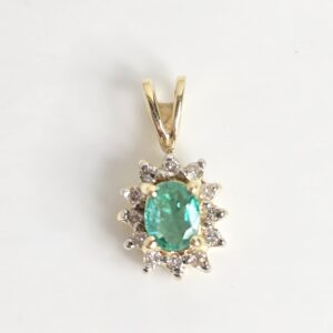 14KT Yellow Gold Emerald with Diamond Halo Pendant