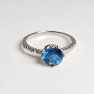 14KY White Gold London Blue Topaz with Diamond accents Size 7