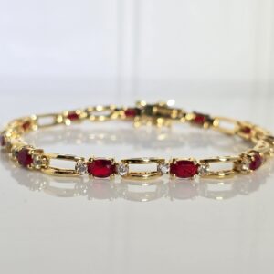 7 1/2″ Sterling Silver Gold Tone Ruby Bracelet with Cubic Zirconia Accents