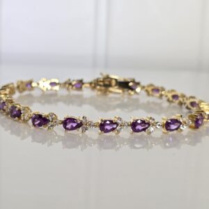 7 1/2″ Sterling Silver Gold Tone, Pear Cut Amethyst with Cubic Zirconia Accent Bracelet