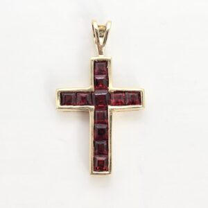 10KT Yellow Gold Cross Pendant with Princess Cut Garnet Stones