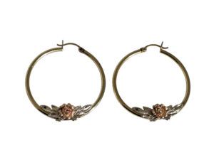 14KT Yellow, Rose and White Gold Hoops accented with a Rose