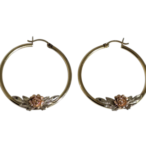 14KT Yellow, Rose and White Gold Hoops accented with a Rose