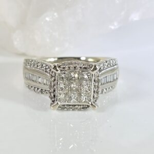 10KT White Gold Princess Cut Diamonds with Diamond Halo accented by Diamond Baguettes Size 8